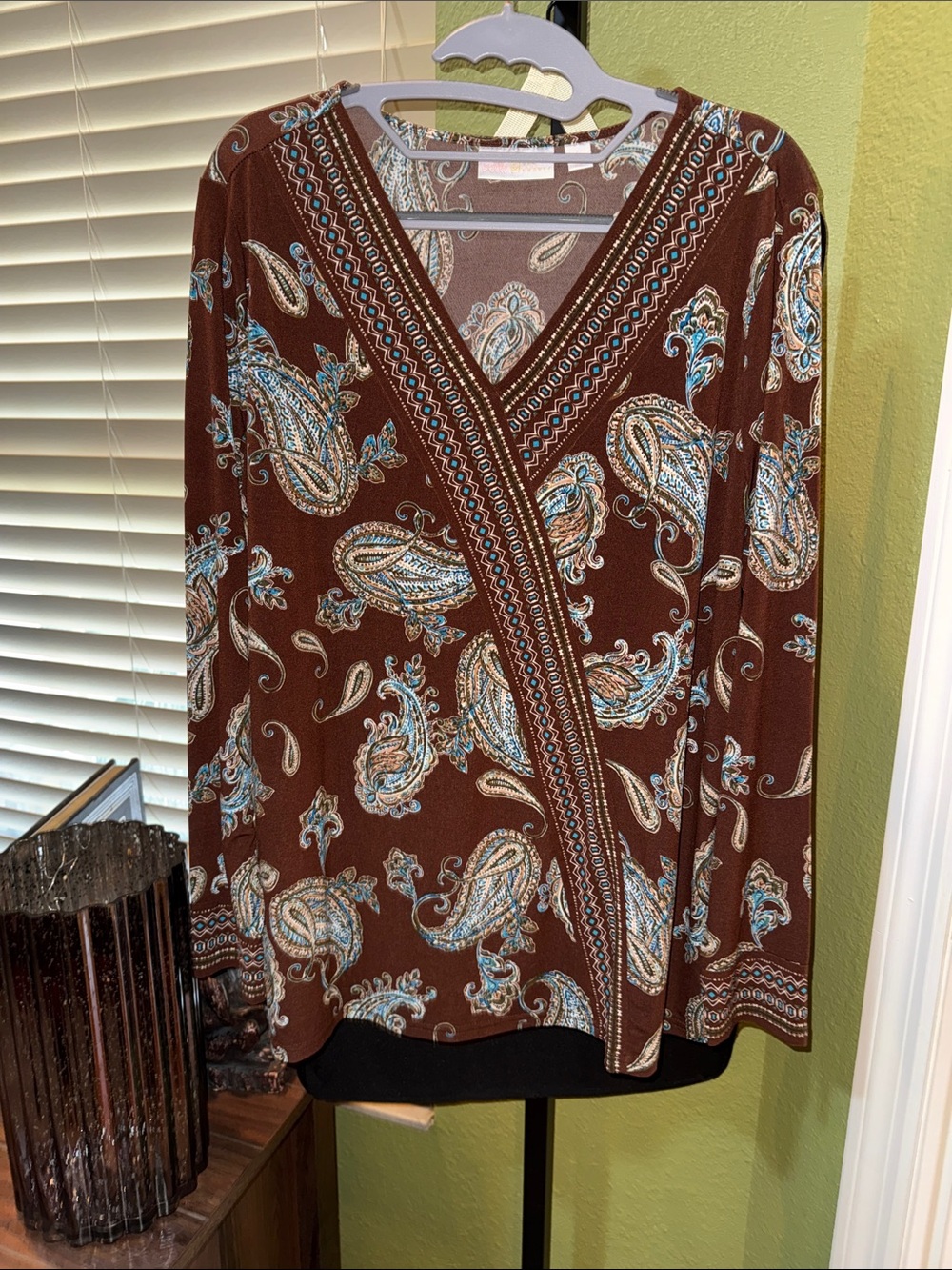 Belle by Kim Gravel Brown Paisley Wrap-Style Blouse with Blue and Cream Accents